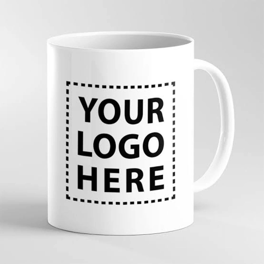 White mug mockup with YOUR LOGO HERE for corporate gifts