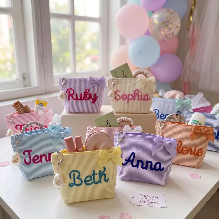 Personalized seersucker toiletry bags with embroidered names